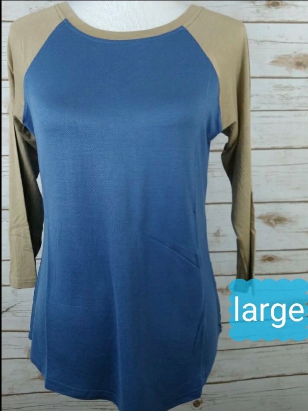 NEW- Peace By Piece Blue and Tan Raglan Long Sleeve Tee - Large
